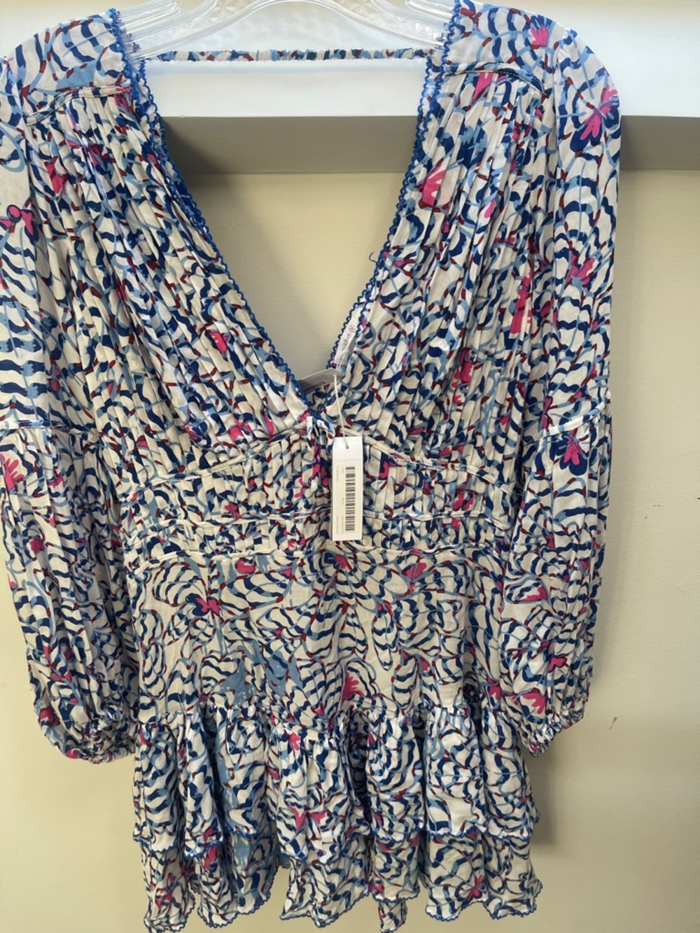 Poupette St. Barth Blue, Pink & Cream V-Neck Long-Sleeve Tiered Dress